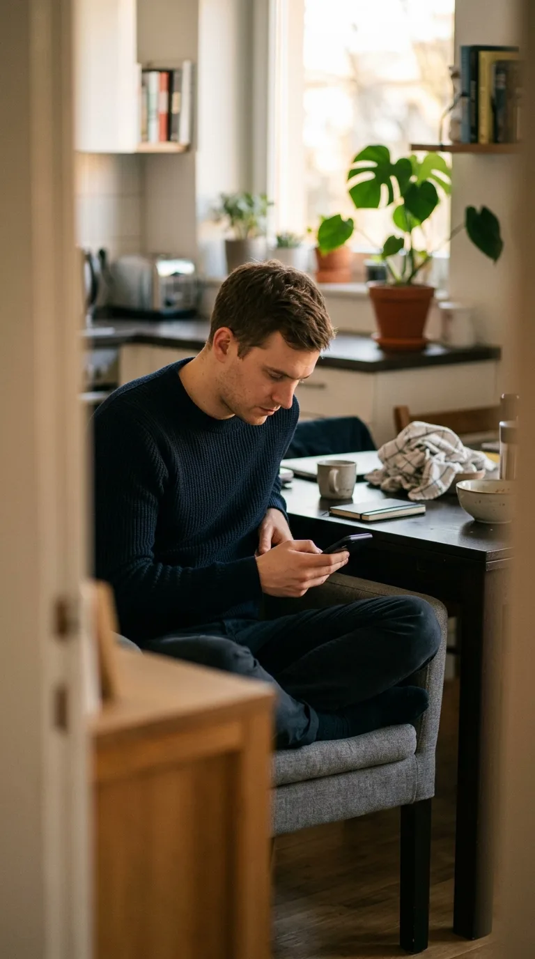 Reiter sitzt zuhause am Küchentisch und schaut auf sein Smartphone
