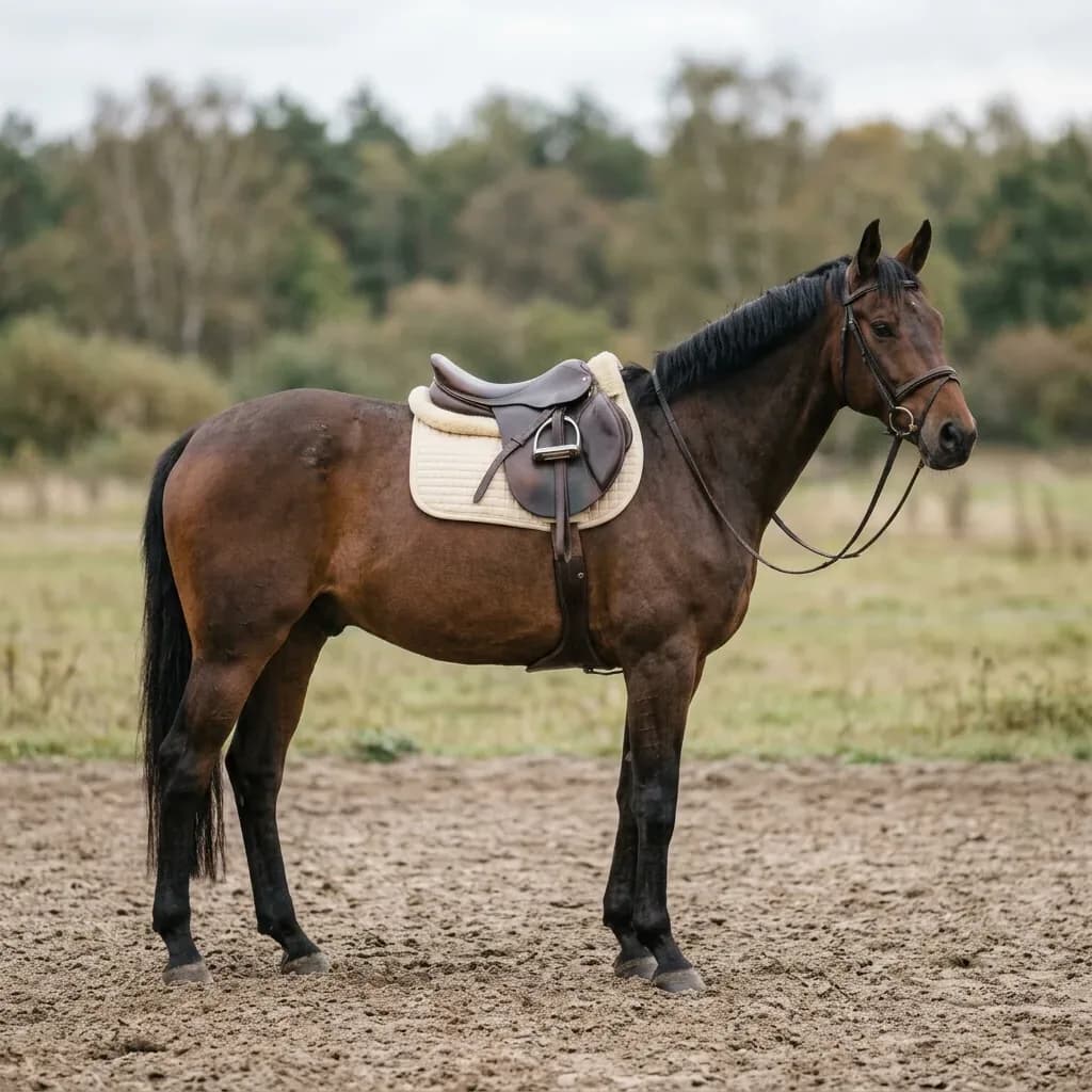 Gesatteltes Pferd steht allein auf dem Reitplatz, kein Reiter in Sicht