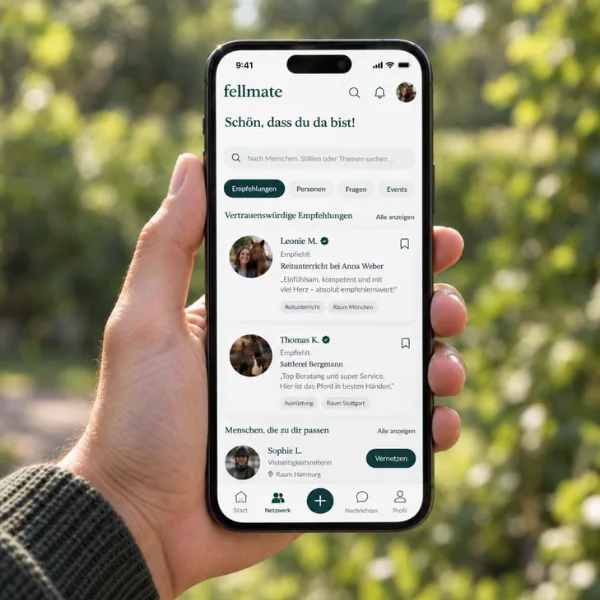 Eine Hand hält ein Smartphone mit der fellmate-App und vertrauenswürdigen Empfehlungen