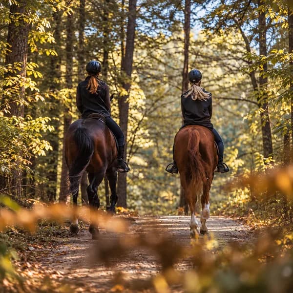 Zwei Reiterinnen auf einem Waldweg im Herbst