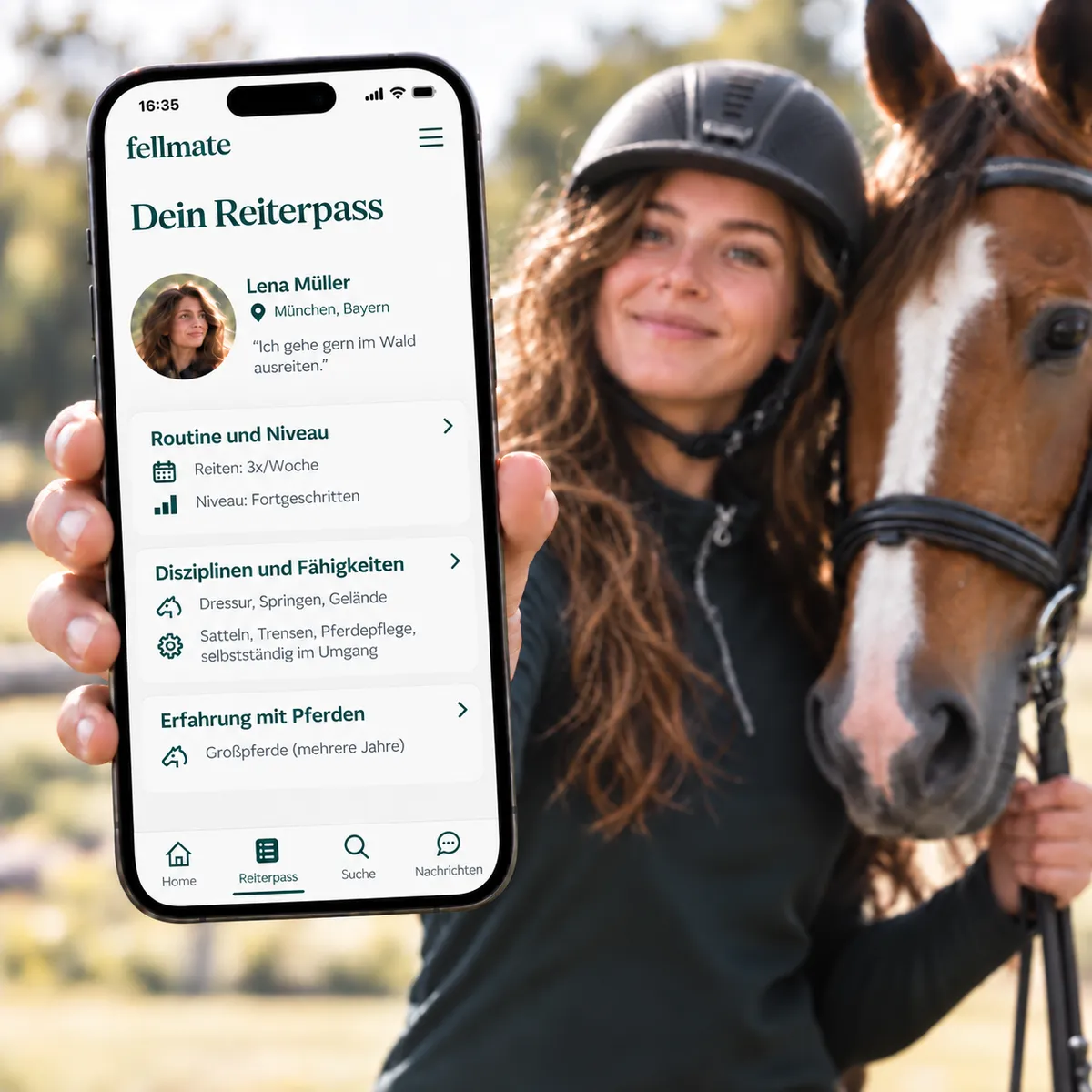 Reiterin steht neben ihrem Pferd und zeigt ihr Reiterprofil auf dem Smartphone
