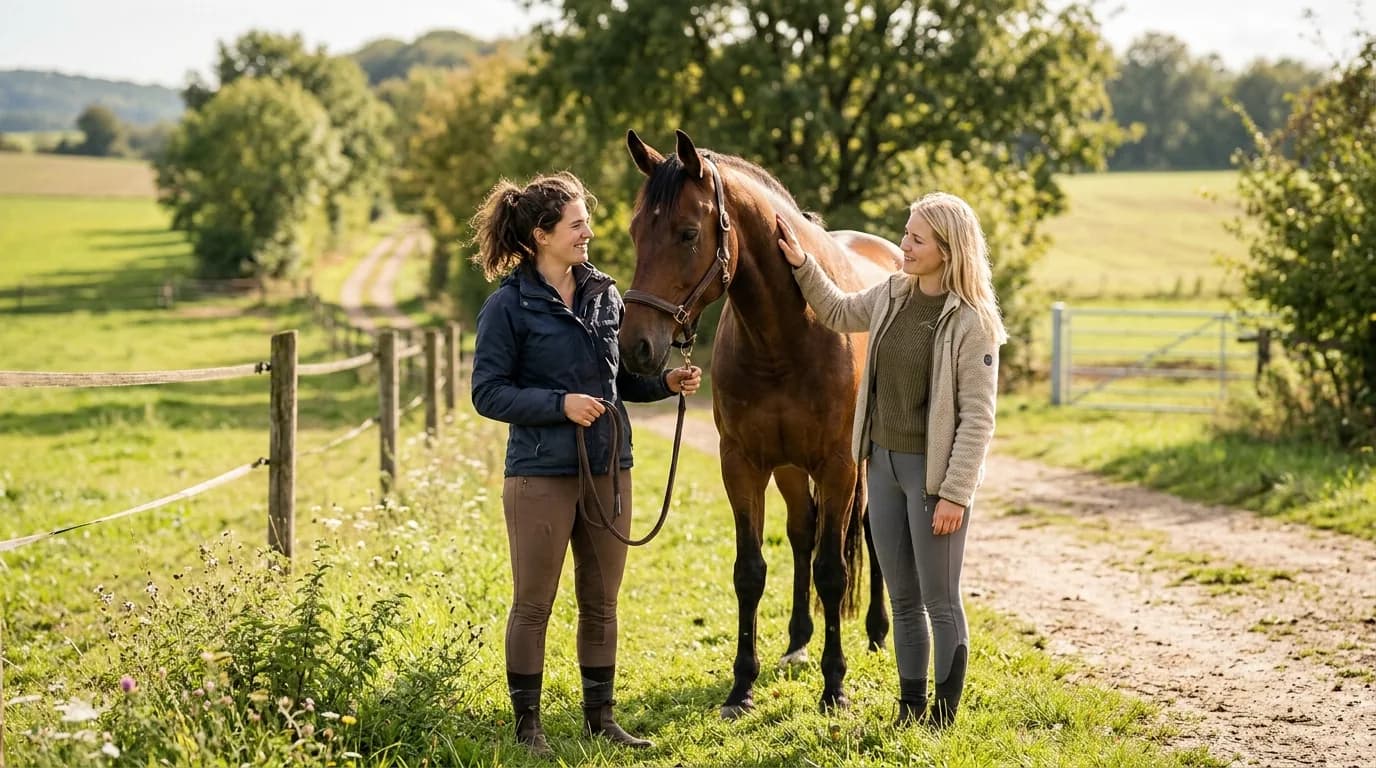Zwei Frauen stehen mit einem braunen Pferd am Feldweg, eine hält den Strick, die andere streichelt seinen Hals